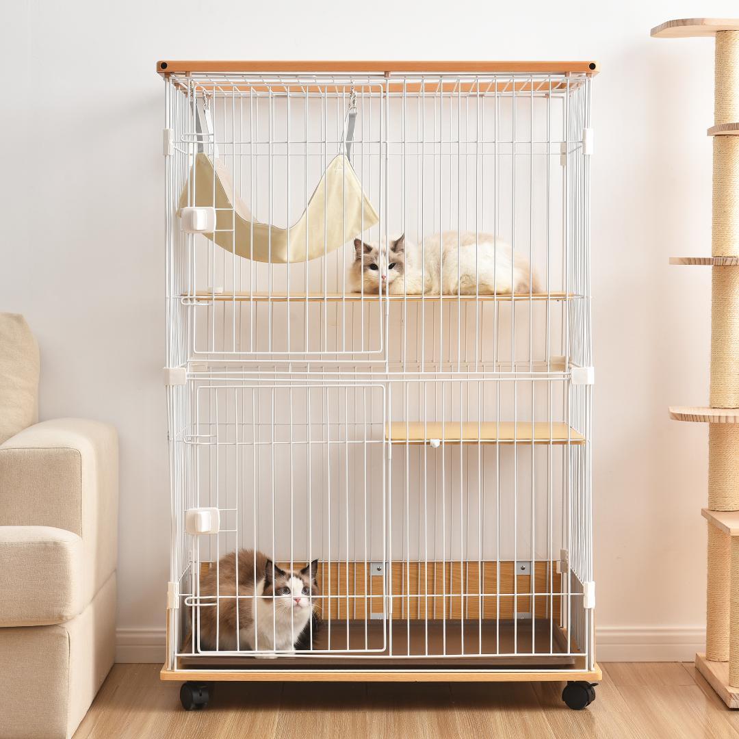 【新品】木製二段キャットケージ 1段/2段可能 キャスター付き