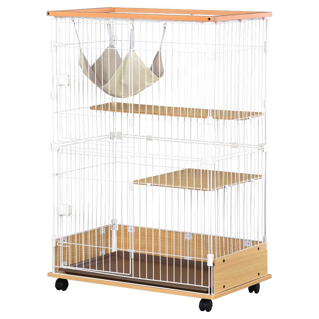 【新品】木製二段キャットケージ 1段/2段可能 キャスター付き