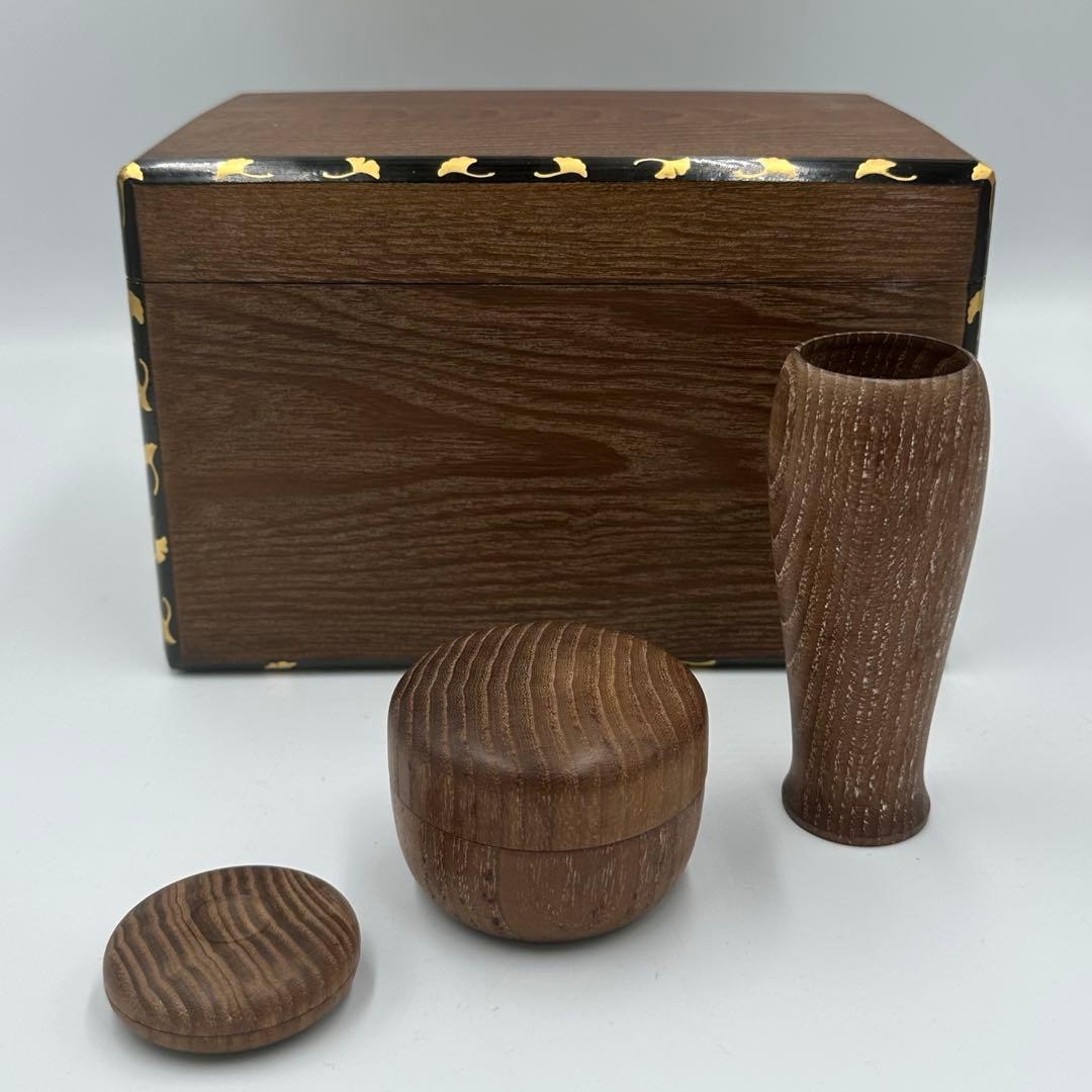 塗師　哲山作　面銀杏　茶箱　織部焼