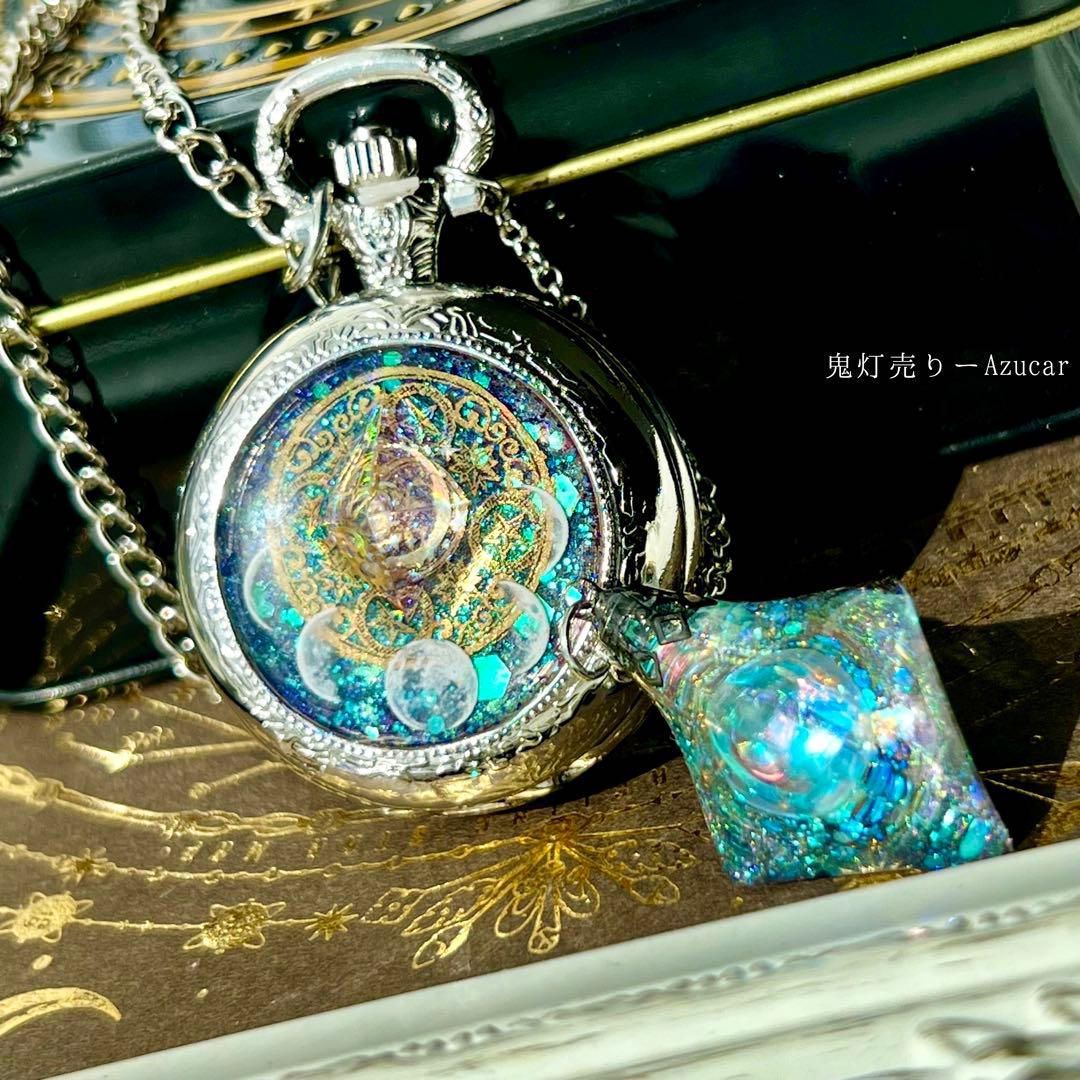 【蓄光】ルナフラッシュ入り八面体懐中時計｜歯車×蒼宇宙｜電池交換可 5cm