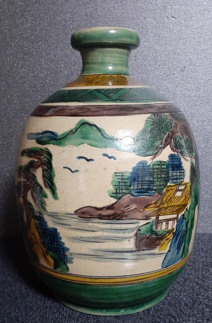 【名品❗】江戸時代末期～明治時代初期　再興九谷　青手古九谷　山水図　大徳利　花入