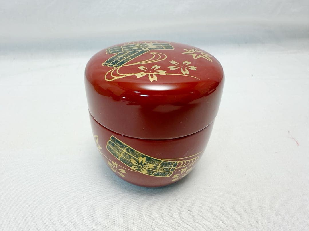 未使用 茶道具 桐木地 茶通箱 木製朱塗 金彩蒔絵棗 大津袋 桶谷定一 茶入仕覆