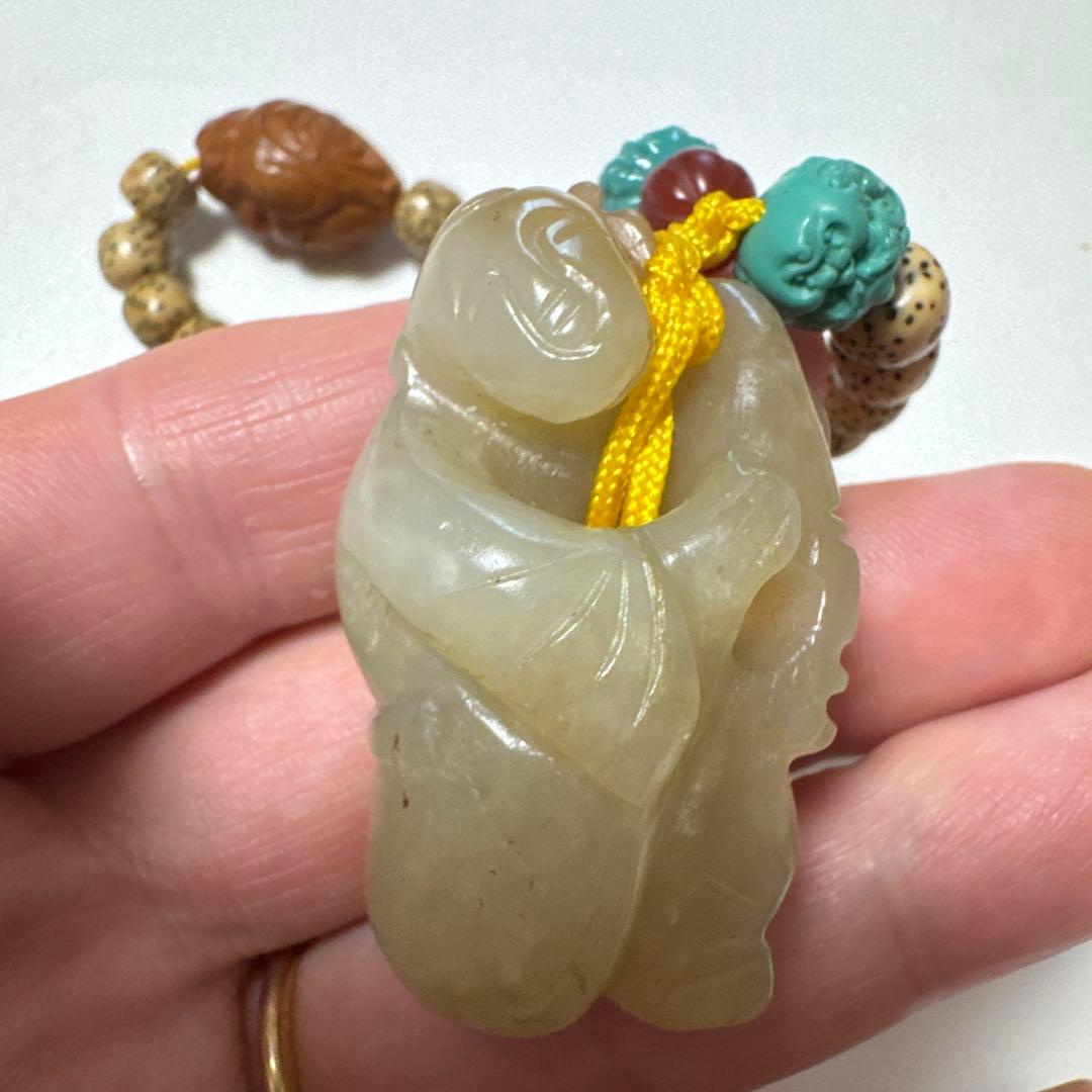 清代 和田玉 彫刻　蓮花童子 恵比寿　ペンダント