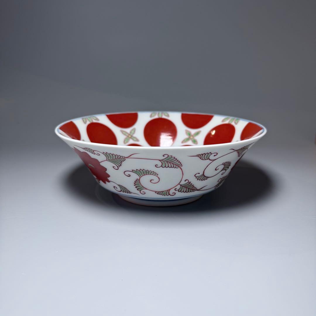 K*K様 十二代　今右衛門造　錦　赤玉絵菓子器　共箱　栞　約19cm　保管品