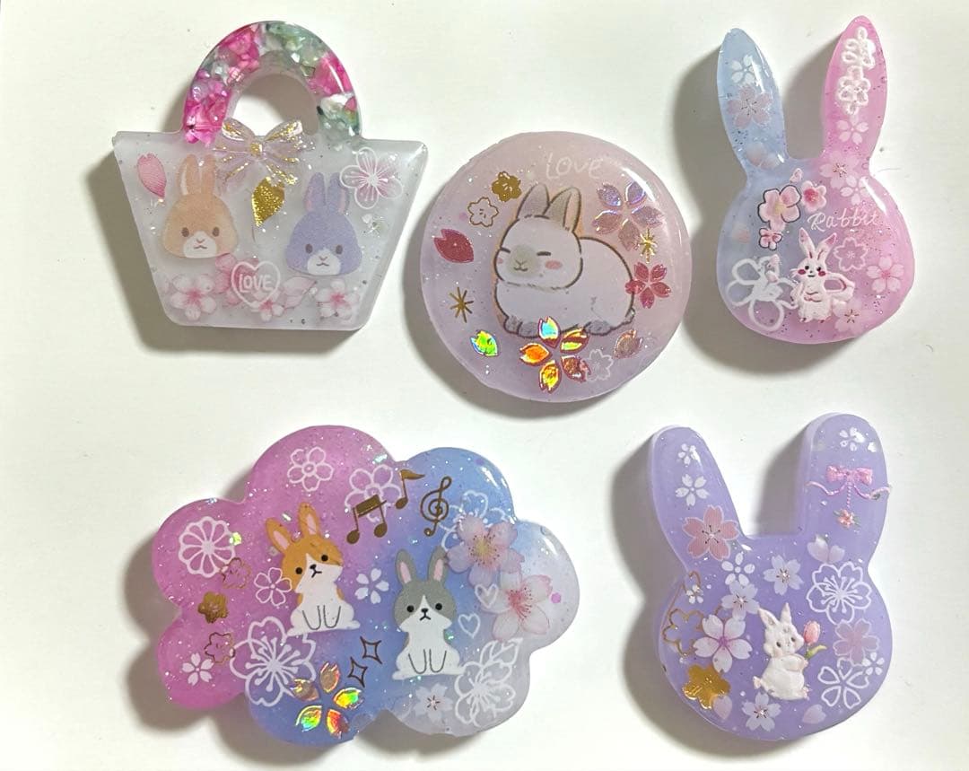 旧作★桜うさぎ5点set♡レジンヘアゴムブローチ