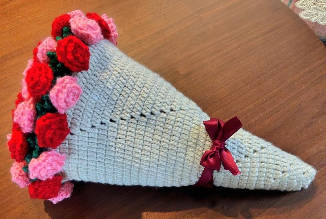 ハンドメイド かぎ針編み ブーケブランケット ピンク赤 枯れないお花 プレゼント