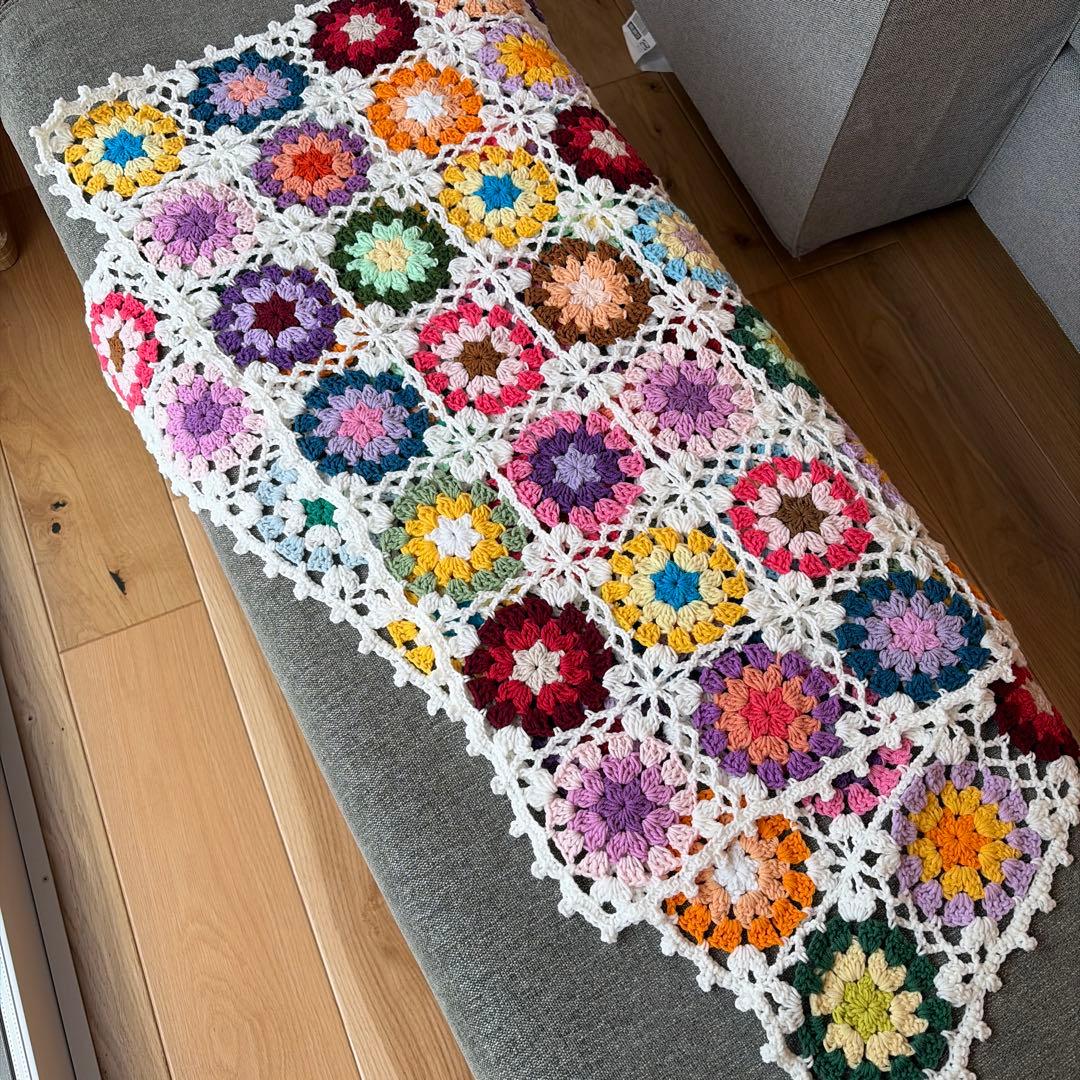 ハンドメイド　お花いっぱいブランケット　モチーフ　コットン