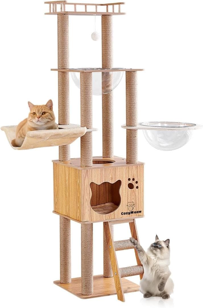 CozyMeowキャットタワー ハンモック 木製スリムデザイン 日本語説明書付き