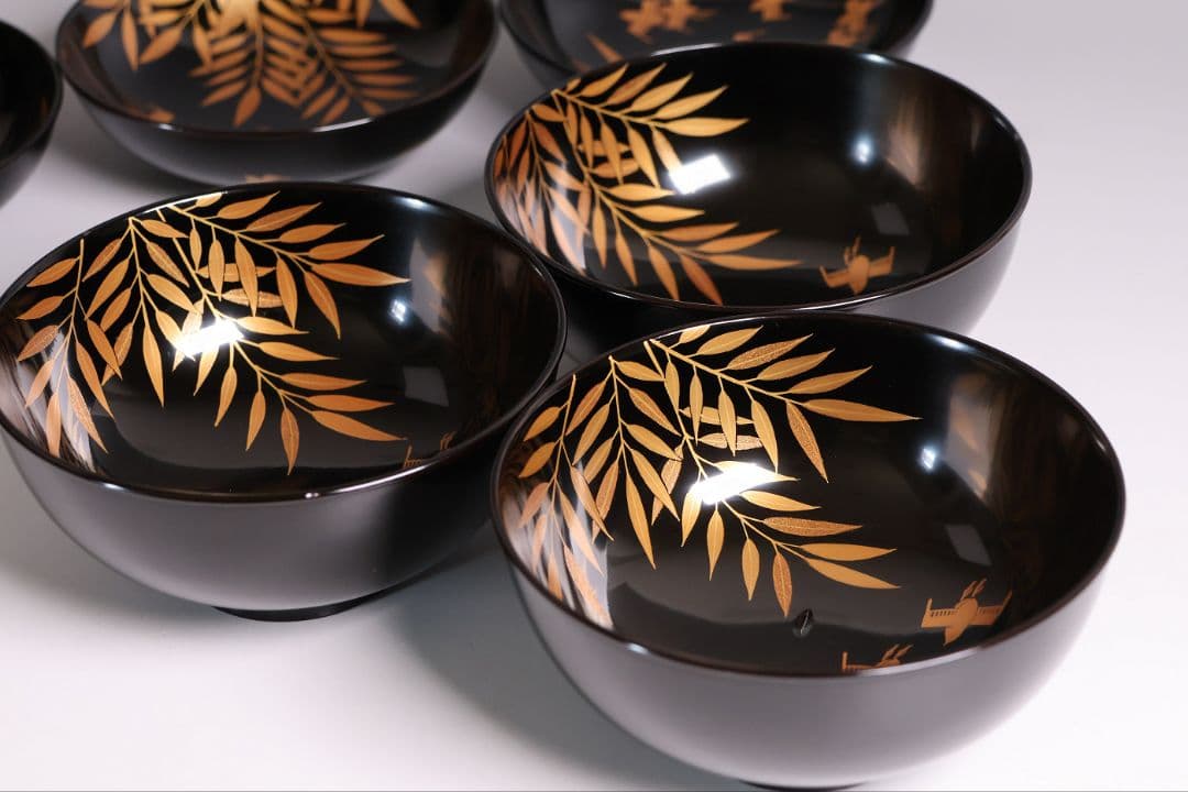 【CM450】天然木漆塗 芦千鳥金蒔絵 艶消黒 吸物椀 三客 昭和 漆芸 漆器