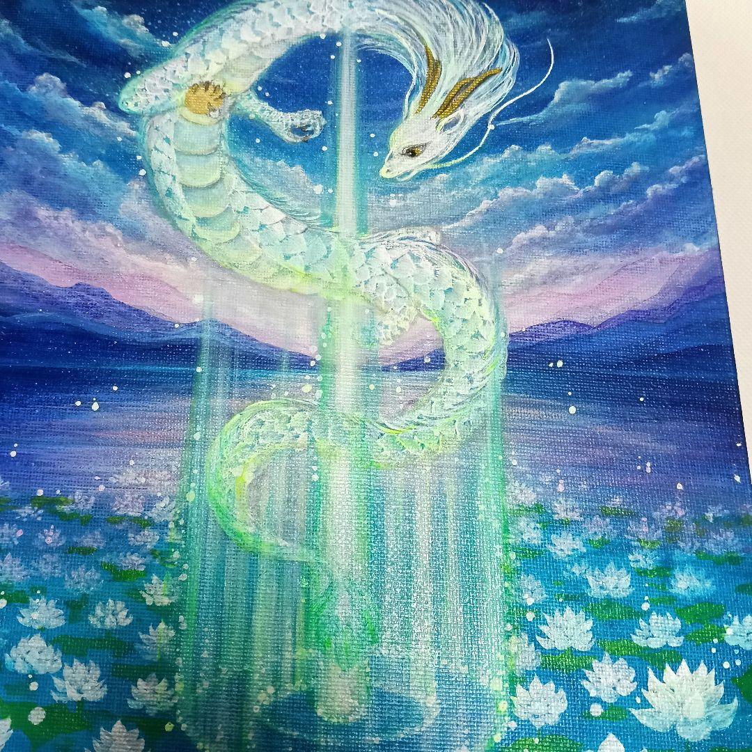 No.504 F3キャンバス　 原画　光の柱　蓮　龍神絵画　開運絵画　白龍