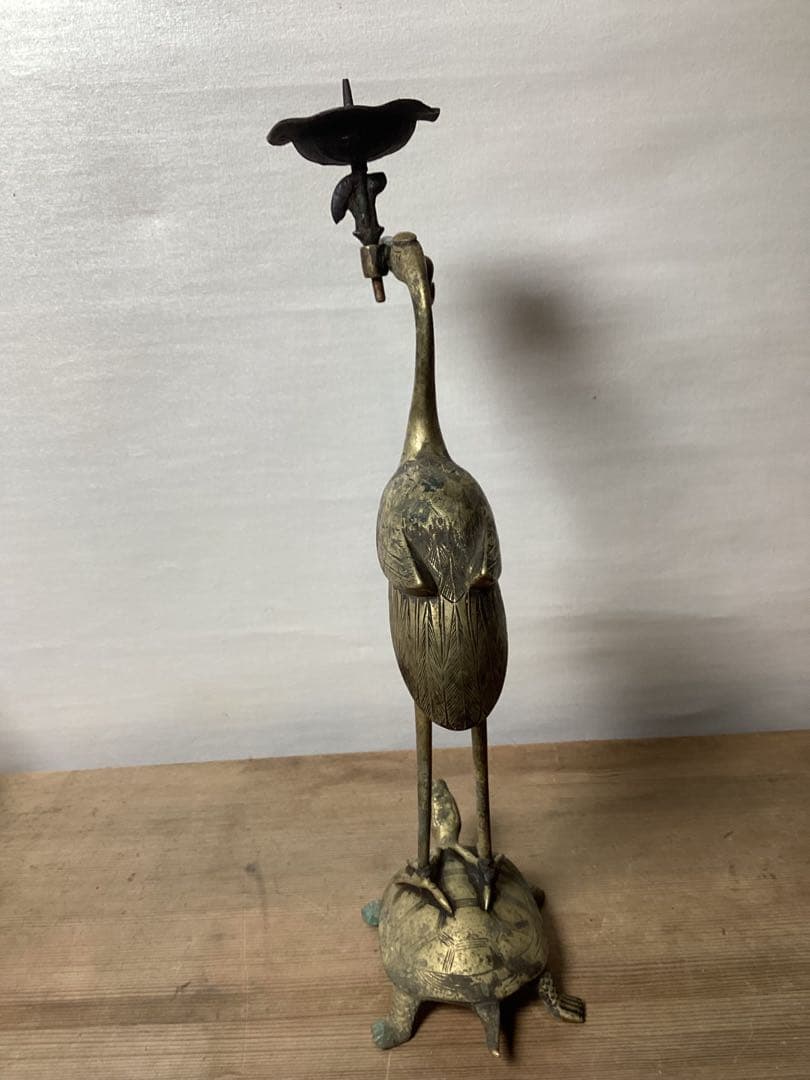 鶴亀燭台　仏具　真鍮製　骨董　仏教美術