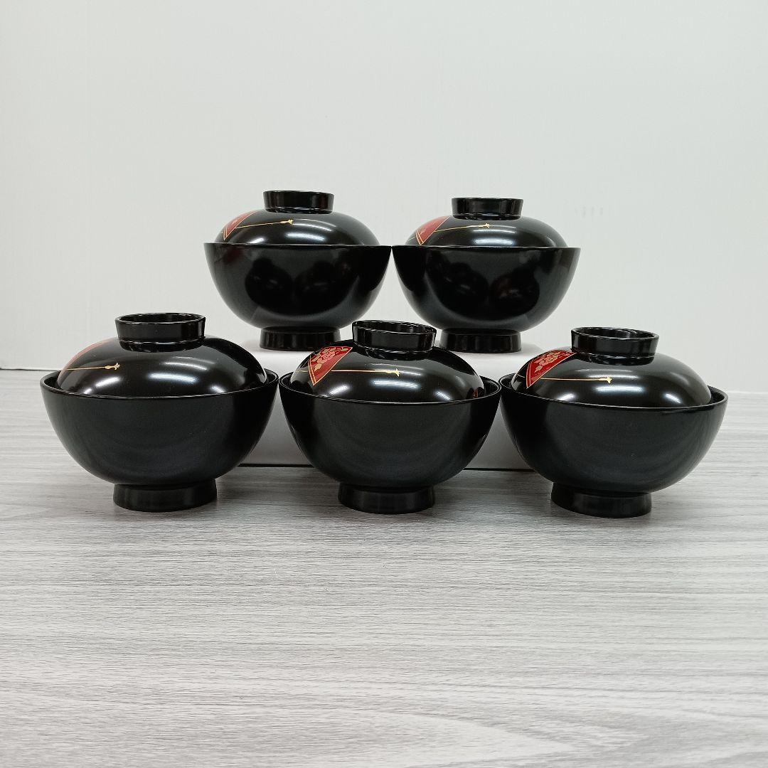 ♢480 吸物椀 汁椀 蓋付き 扇 牡丹 金彩 漆器 漆芸 5客セット 和食器