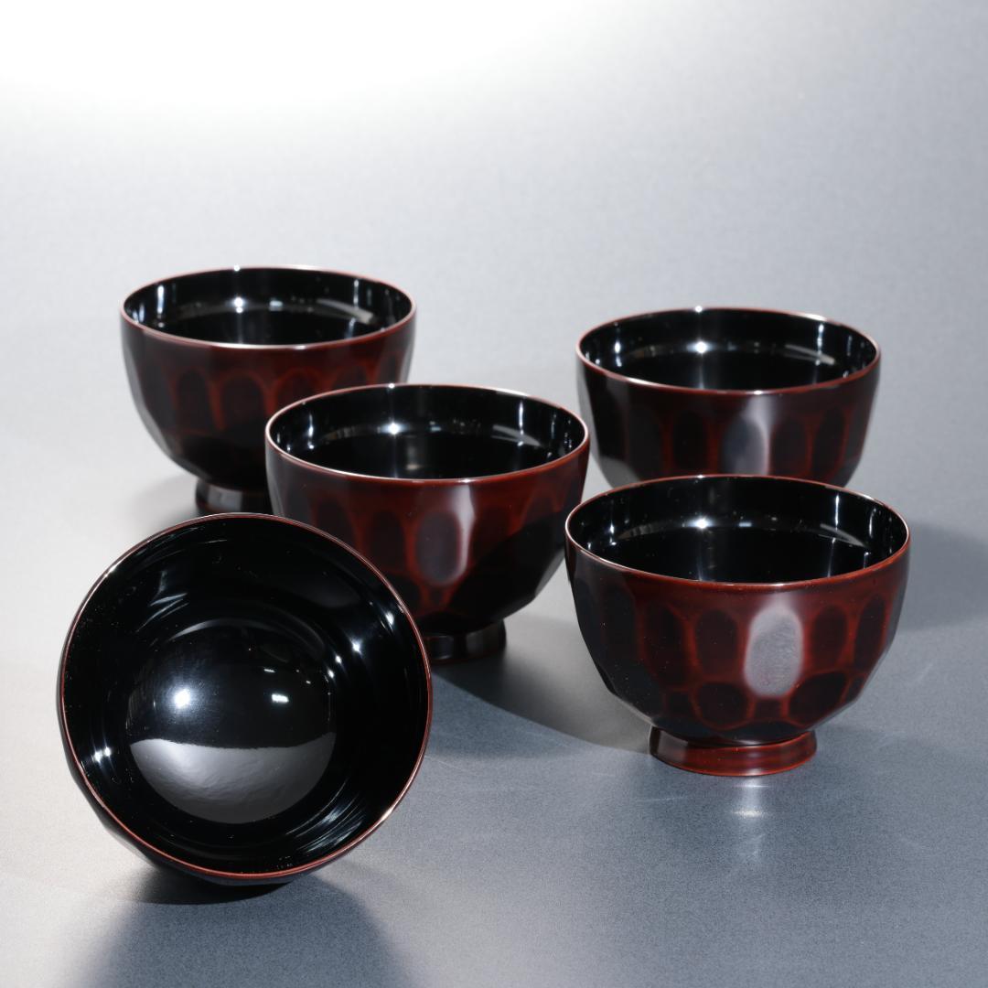輪島塗　吸物椀５客　渦文　共箱　漆塗蓋つき椀　R1588P3