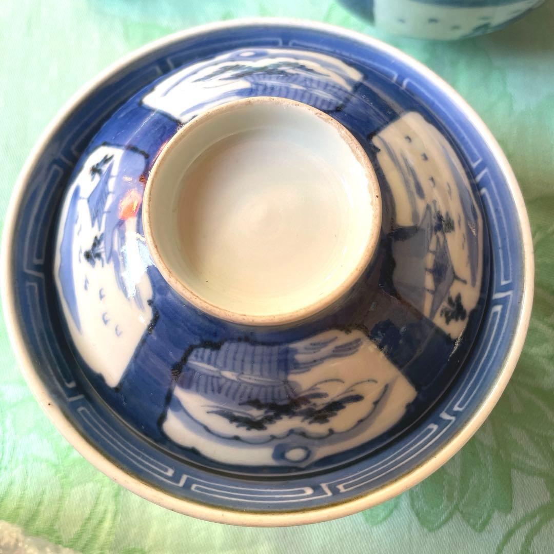 古伊万里　染付　墨弾き　蓋物　3客