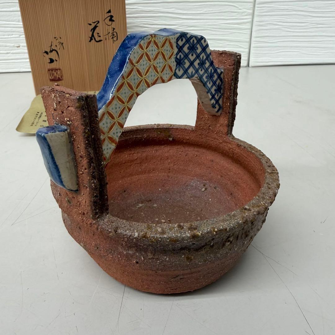 未使用品　中村梅山　色絵手桶　替茶器　茶道具　茶器　花入