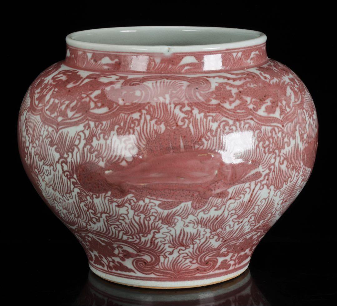 中国古玩 釉裏紅魚藻文大壺 高30cm 大型瓶 花器 壺 古陶磁 古美術 飾壺