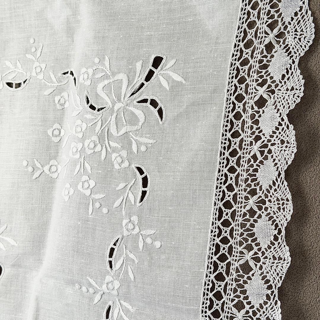 フランスアンティーク風リネン刺繍テーブルクロスカットワークボビンレース