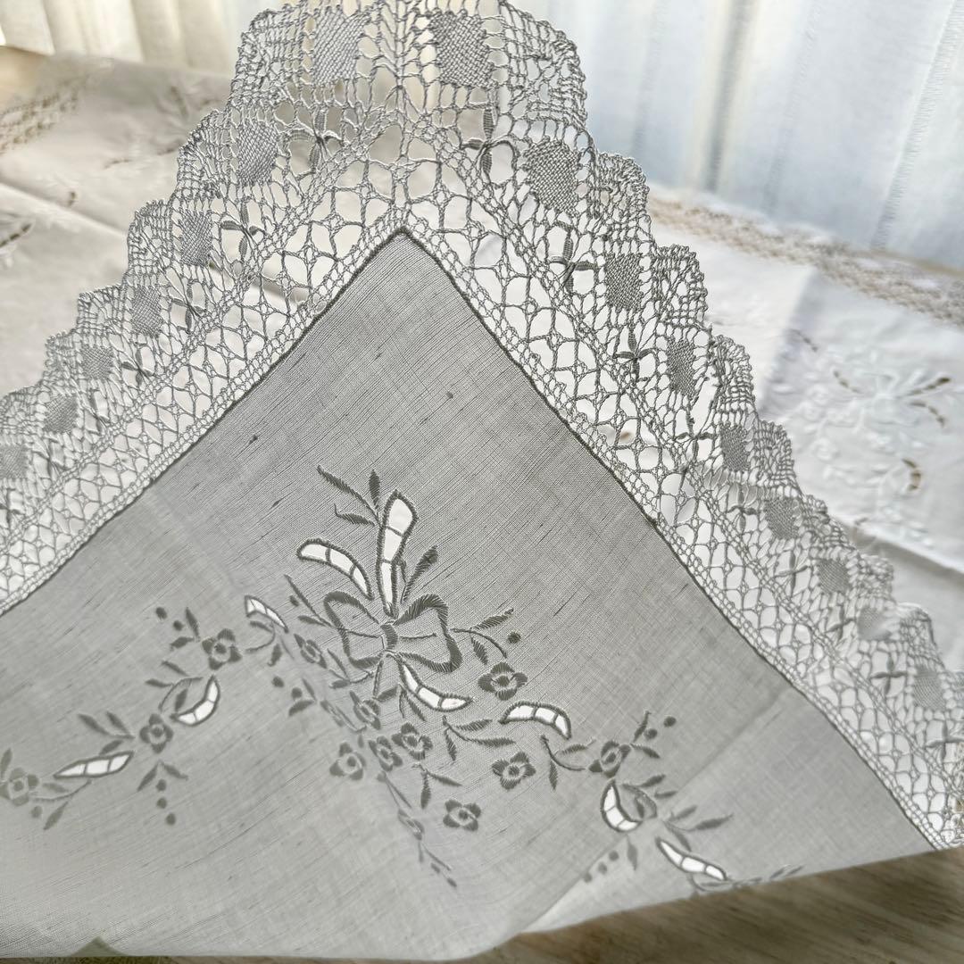 フランスアンティーク風リネン刺繍テーブルクロスカットワークボビンレース