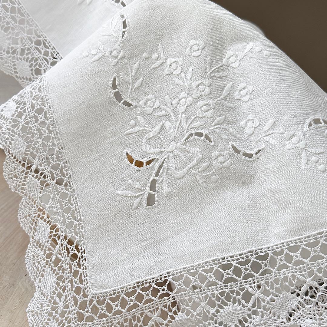 フランスアンティーク風リネン刺繍テーブルクロスカットワークボビンレース
