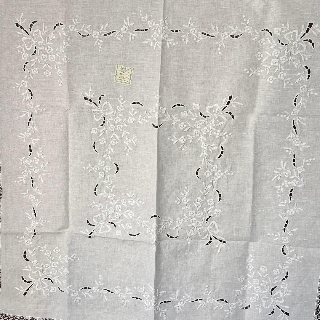 フランスアンティーク風リネン刺繍テーブルクロスカットワークボビンレース
