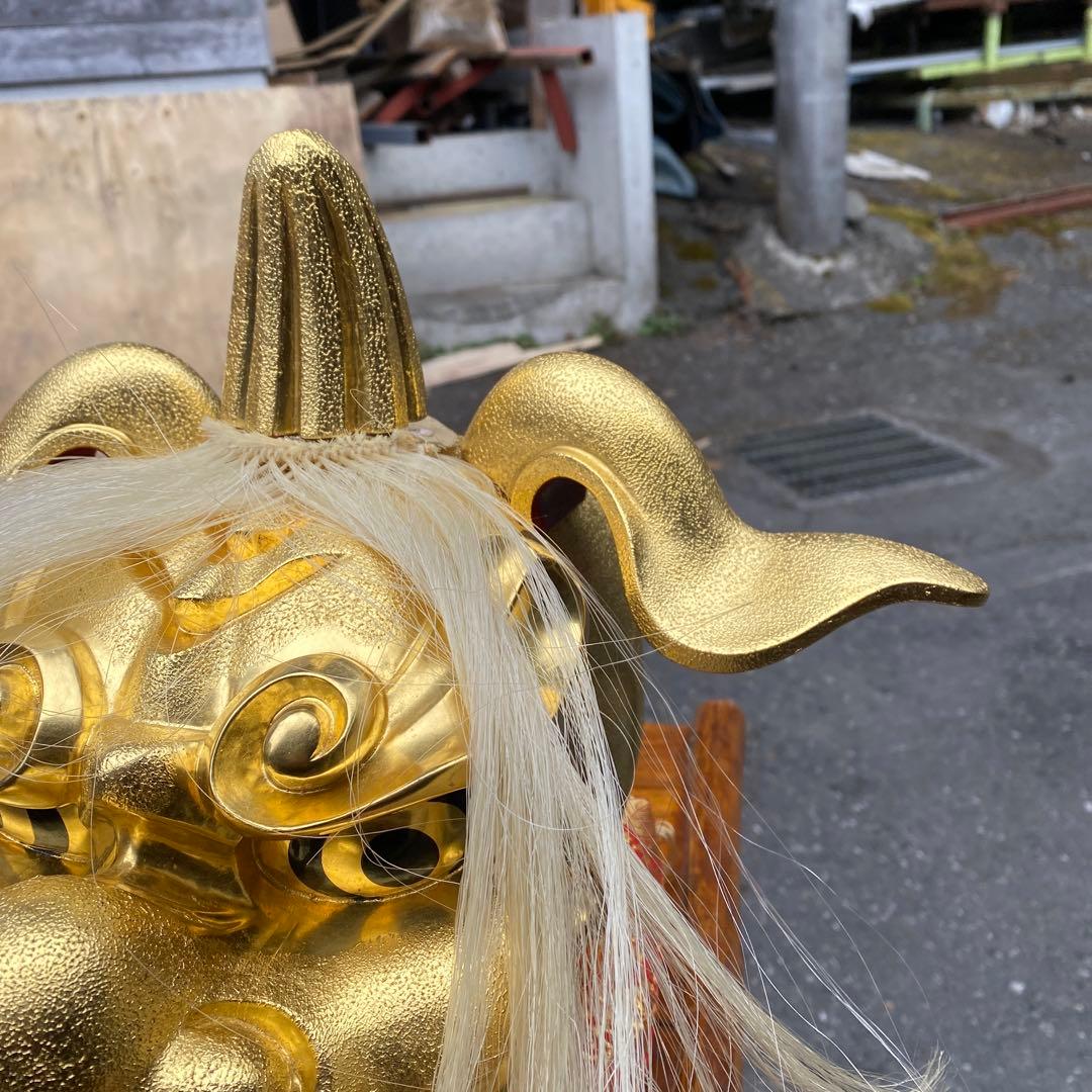 越中井波　荒井寿斎作　獅子頭　木彫　金色 お獅子