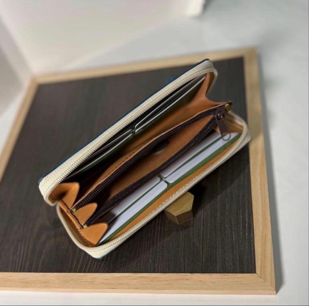 本革 ラウンドファスナー長財布 ラウンドジップ 長財布 青 手染め ハンドメイド