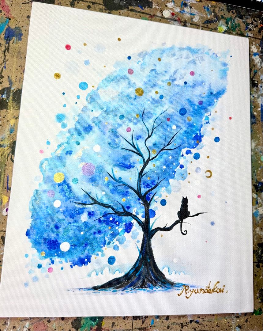 原画 「黒猫と春の星空の幻想アート」アクリル画 一点物 絵画 キャンバスアート