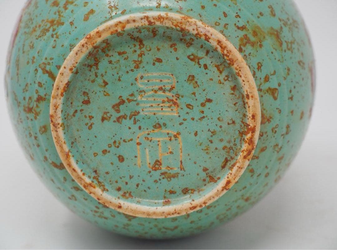 ユニークなデザインの陶器 鳥の口部装飾壺　鶏頭　グリーン　中国　陶器 インテリア