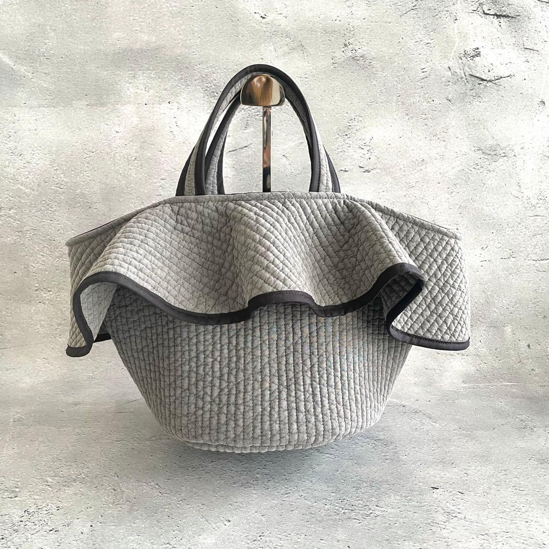 フリル付き丸底マルシェバッグ　ヌビバッグ　グレー　ハンドメイド