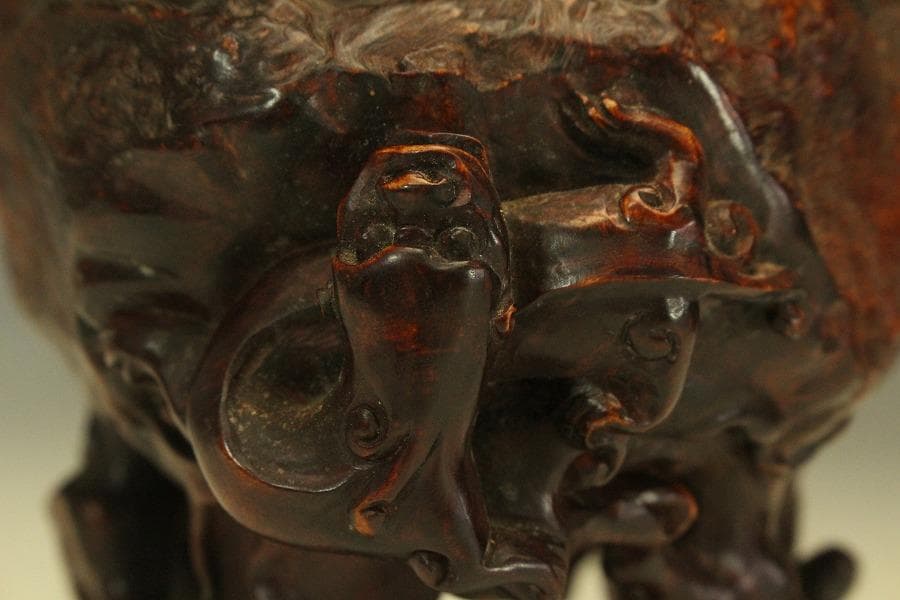 中国美術 奇木 朱石刻 霊芝 摘 稚龍 香炉 高24cm(LC588)