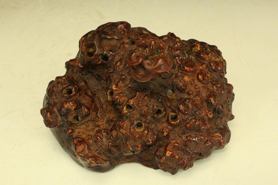 中国美術 奇木 朱石刻 霊芝 摘 稚龍 香炉 高24cm(LC588)