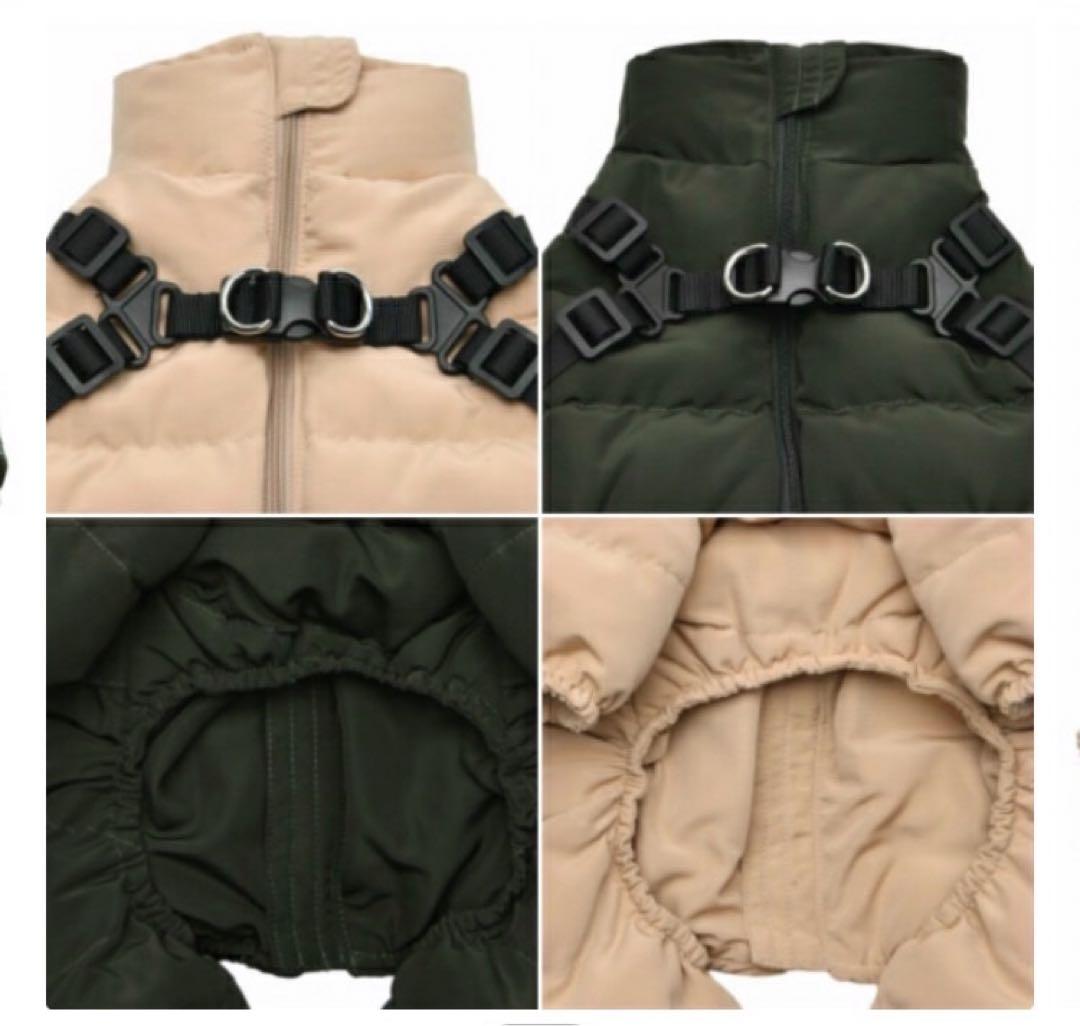 Puppiaカーキハーネス一体型ダウン風犬服 オールインワン