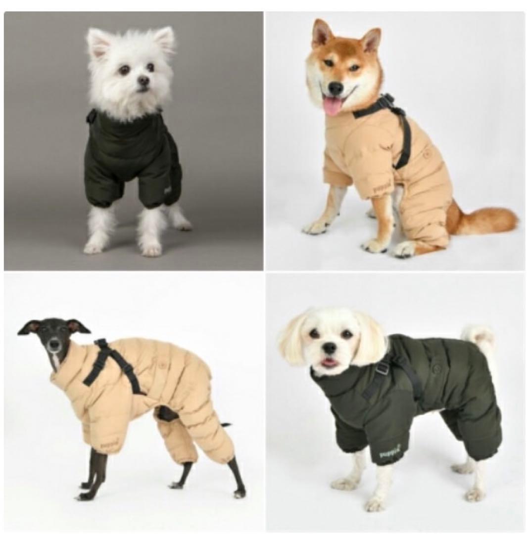 Puppiaカーキハーネス一体型ダウン風犬服 オールインワン