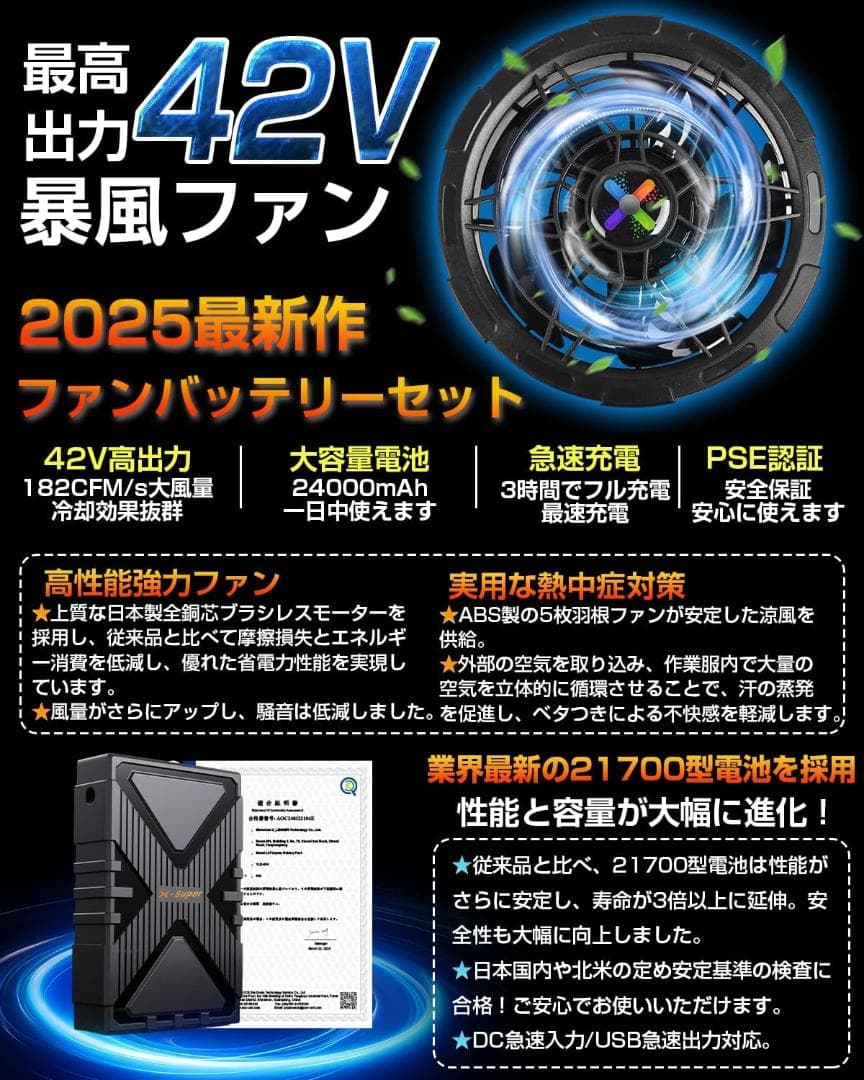 【M2762-91-68】空調作業服用 ファンバッテリー　セット　42V