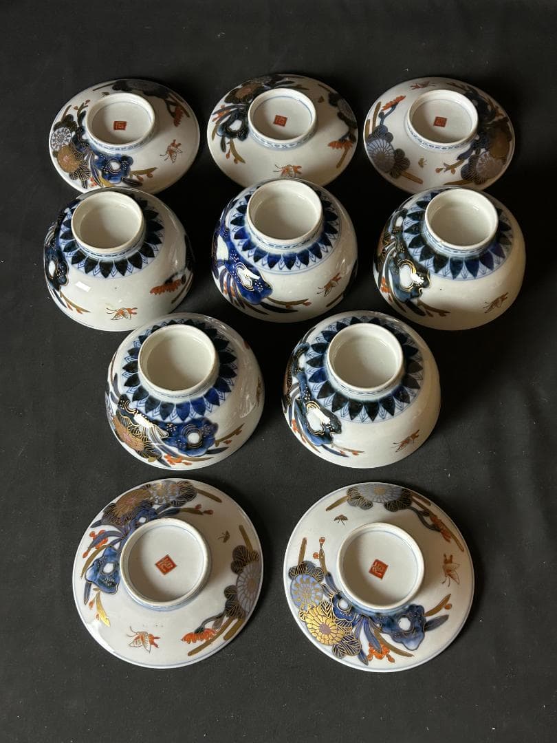古伊万里 染錦 金彩 花蝶図 蒸茶碗 5客 江戸後期 67