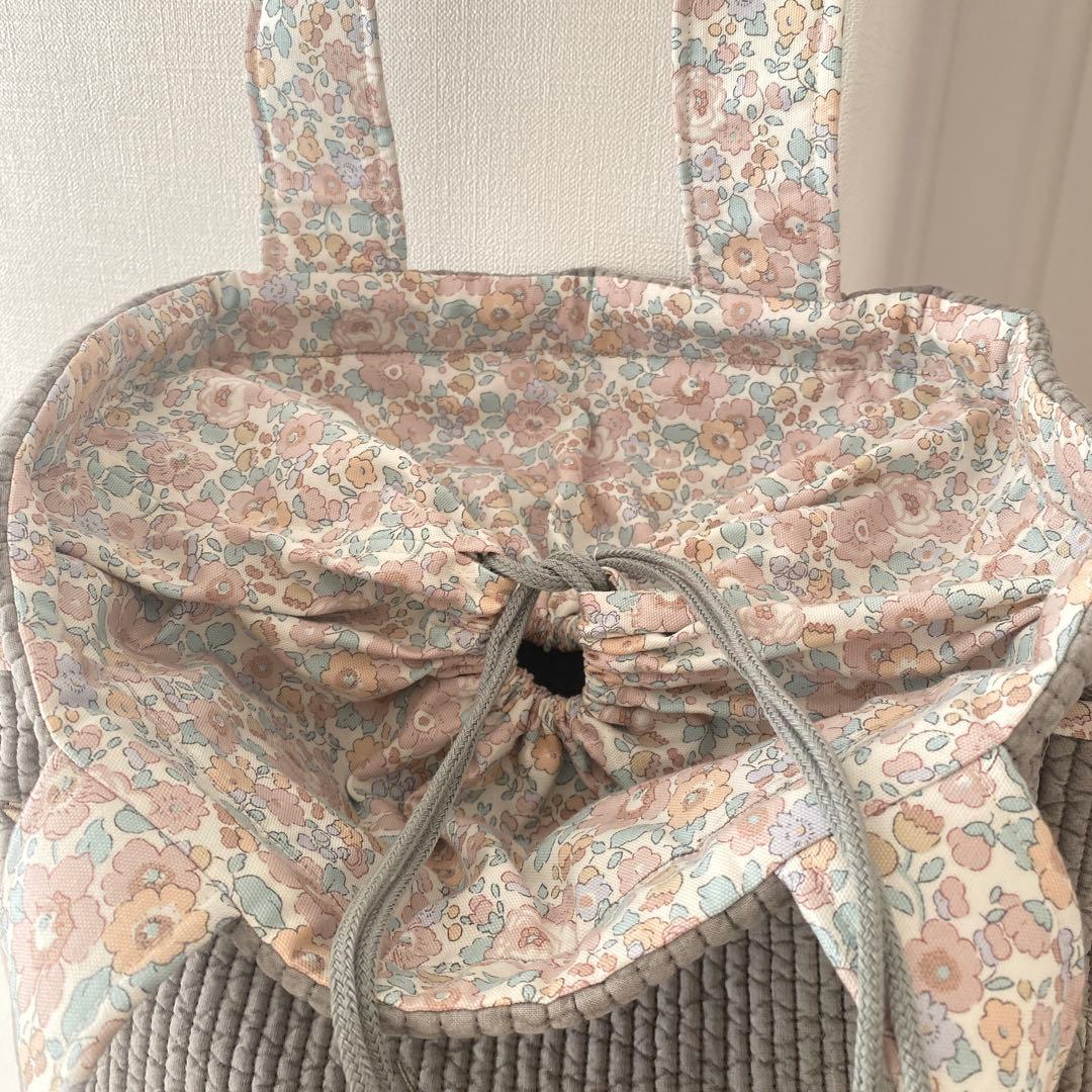 【fu】チューリップ刺繍ヌビ✖️リバティ　ベッツィ　巾着タイプマザーズバッグ