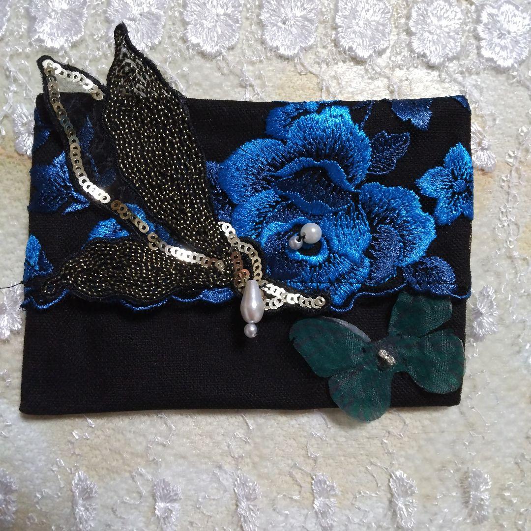 青の花刺繍、ポケットティッシュケース、ハンドメイド