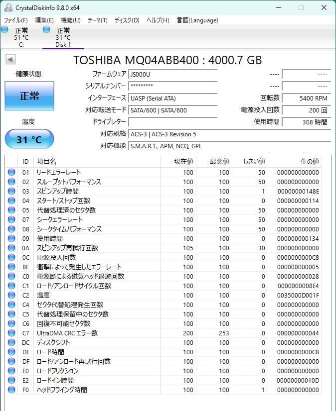 TOSHIBA MQ04ABB400 4TB 2.5インチHDD