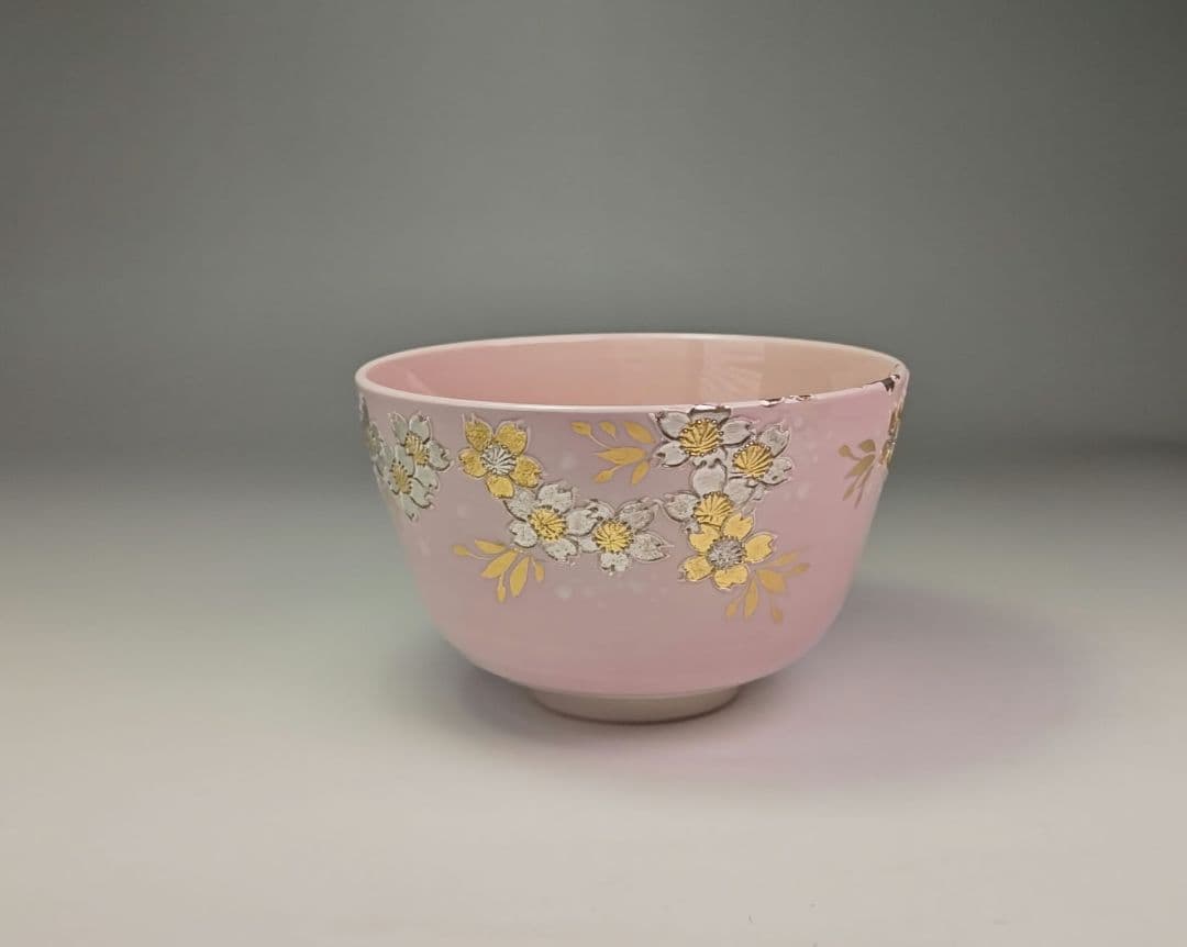 ウ340 茶碗『山本一如』『淡紅交趾　桜尽　茶碗　共箱』茶道具抹茶碗