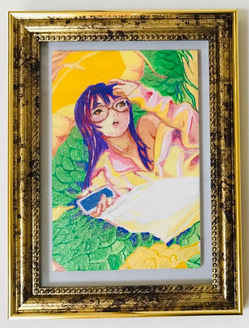 【原画】手書きイラスト「休息」アクリル画 額装済み グロスバーニッシュ仕上げ