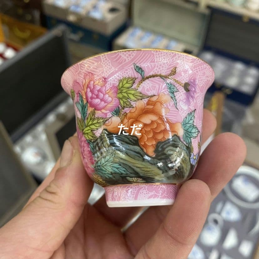中国茶器 琺瑯彩掻花主人杯セット蓋付き茶器 飲茶食器 煎茶具 未使用品