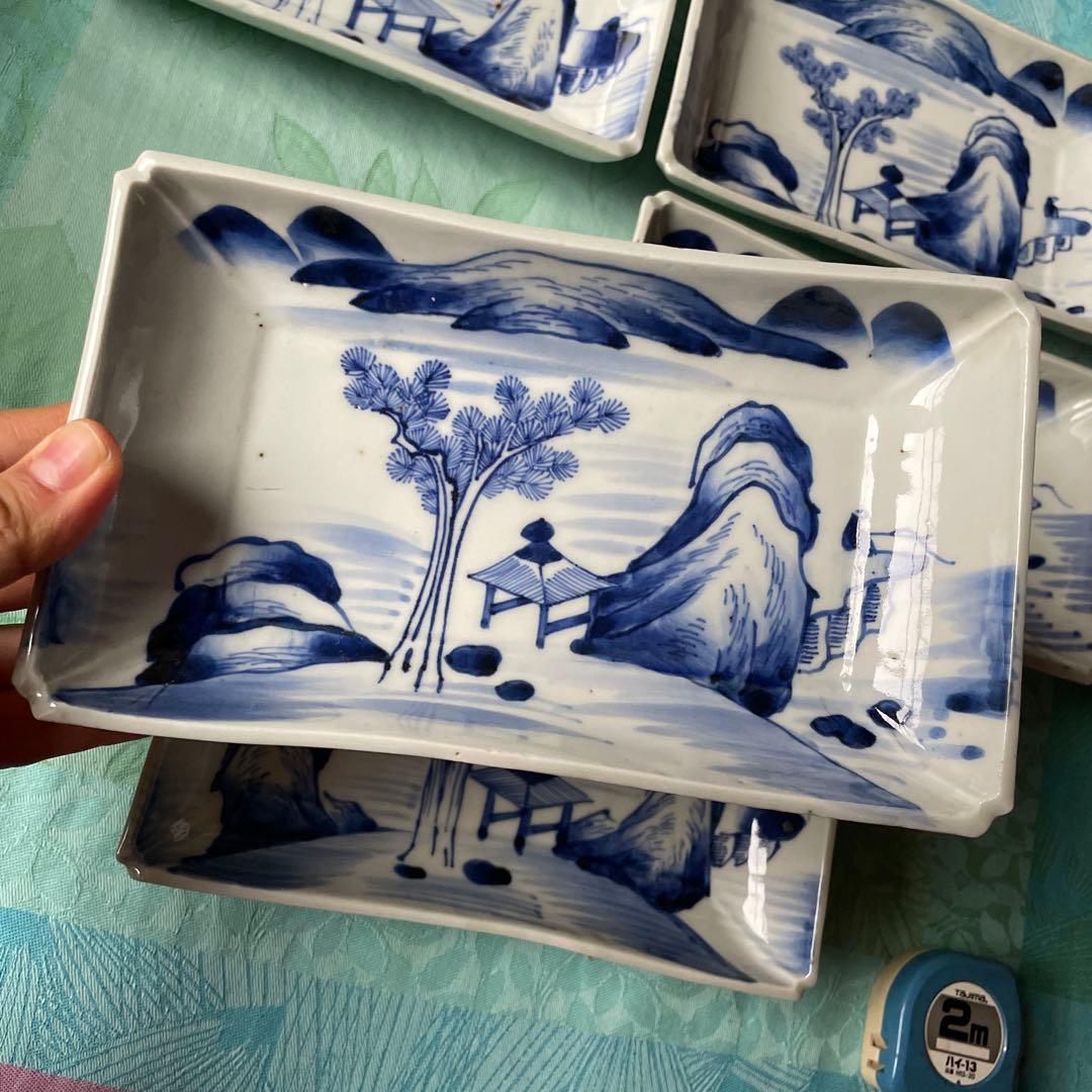 【古伊万里 染付 山水図 長角皿 5客揃（江戸時代末期）】