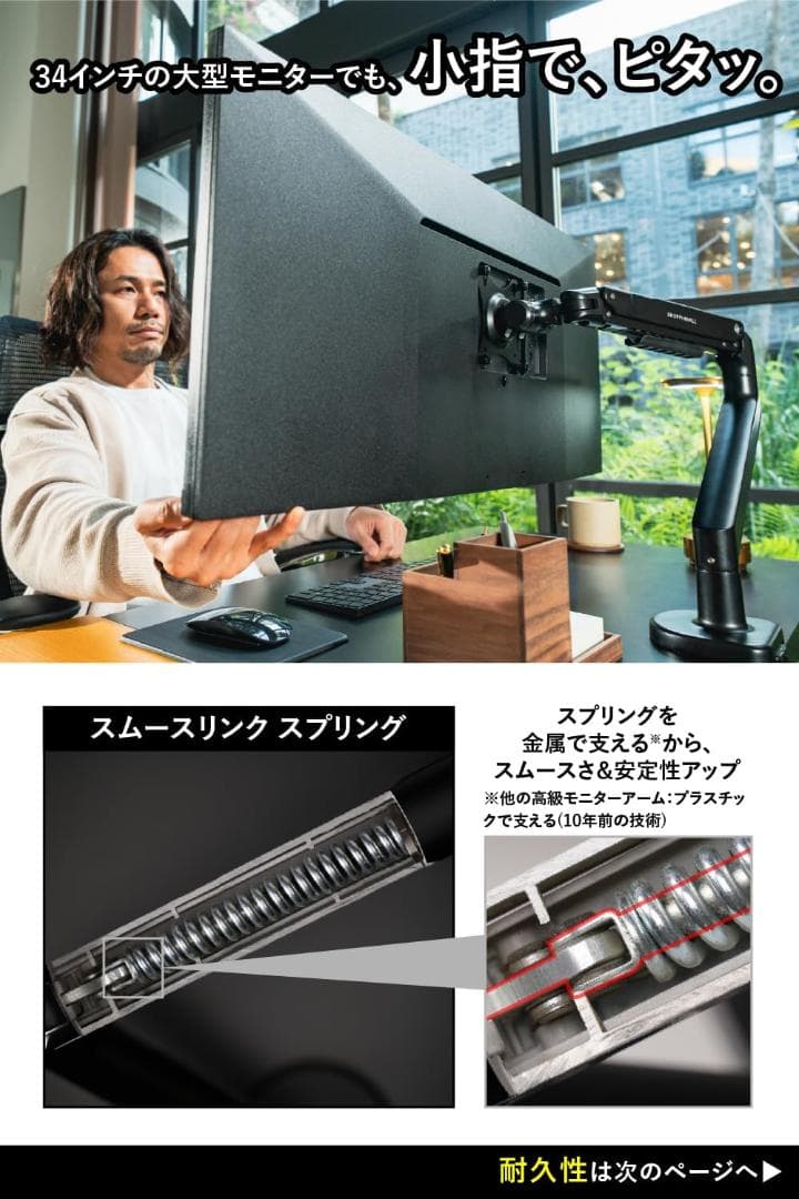 モニターアーム シングル 17～34インチ スムースリンクスプリング