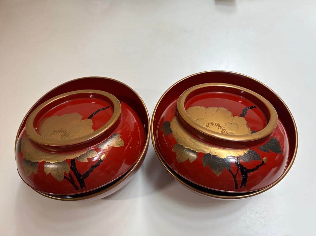 昭和初期 煮物椀 蓋付き椀 4客セット 木製漆器 朱塗り 金牡丹柄
