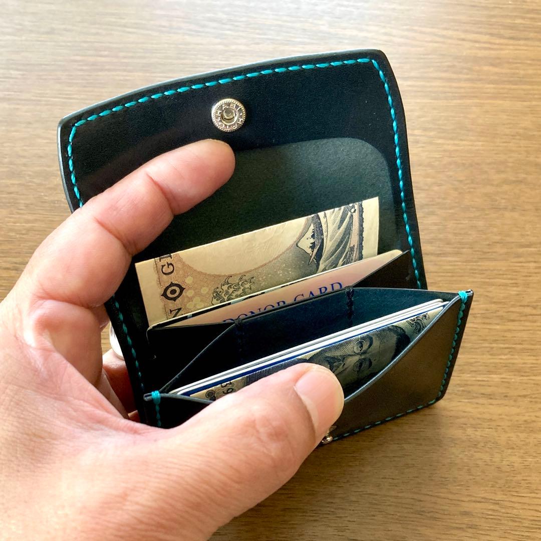 本革総手縫い ミニ財布 栃木レザー マルチケース 黒 キーリング スマートキー