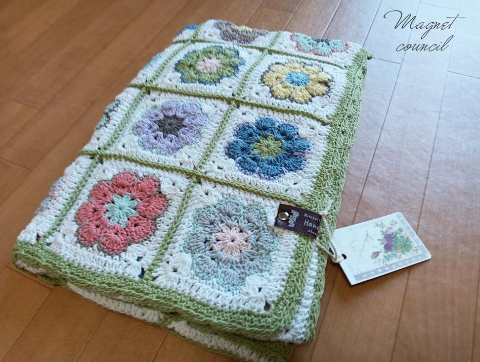 ハンドメイド　アフリカンフラワーのコットンブランケット