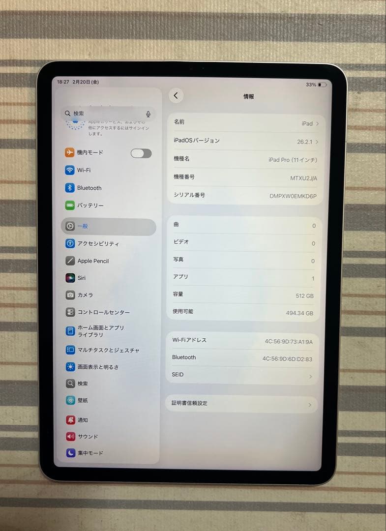 最終値APPLE 11インチ iPad Pro（第1世代/2018） 512GB