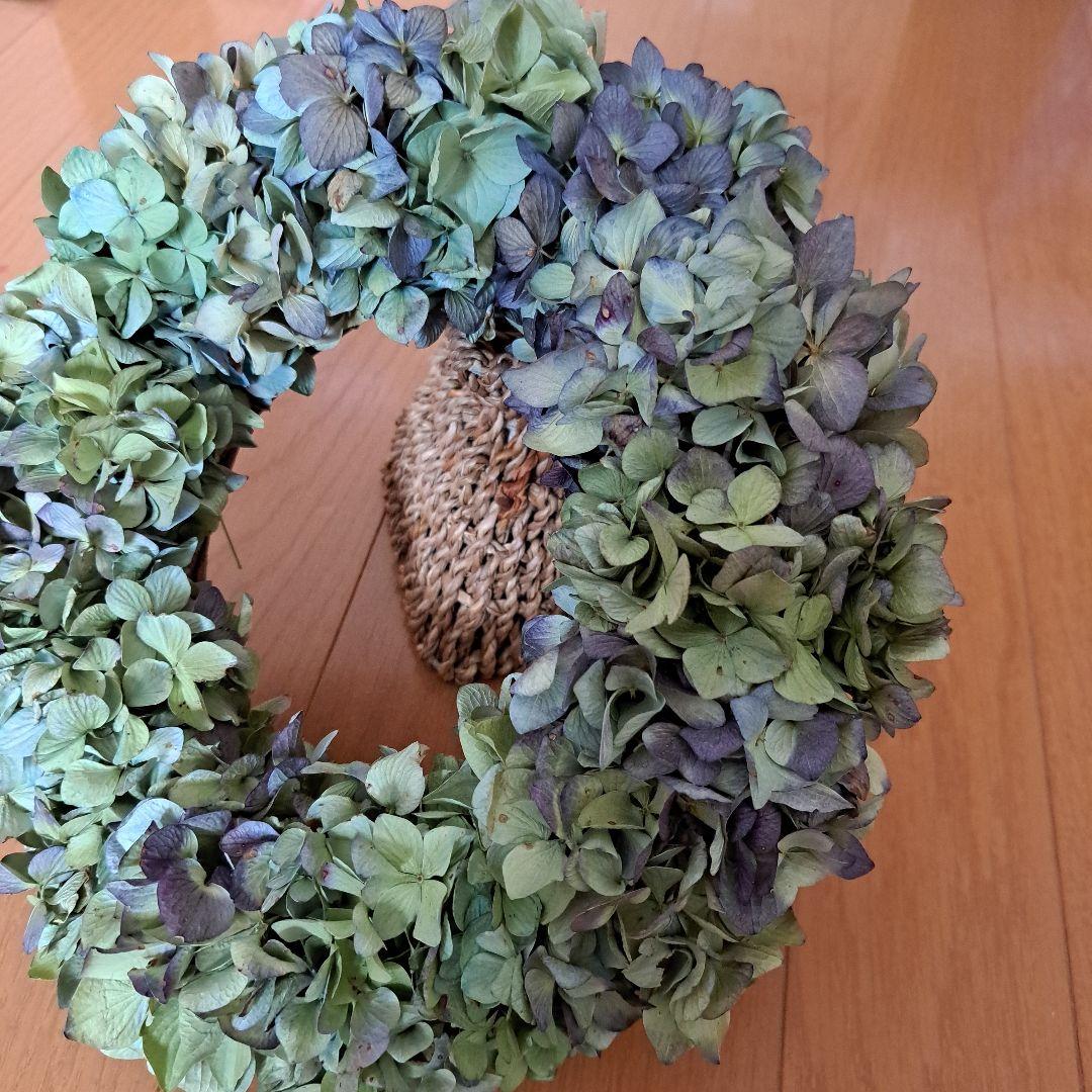 ハンドメイド ドライフラワーリース 秋色アジサイ 直径24×27