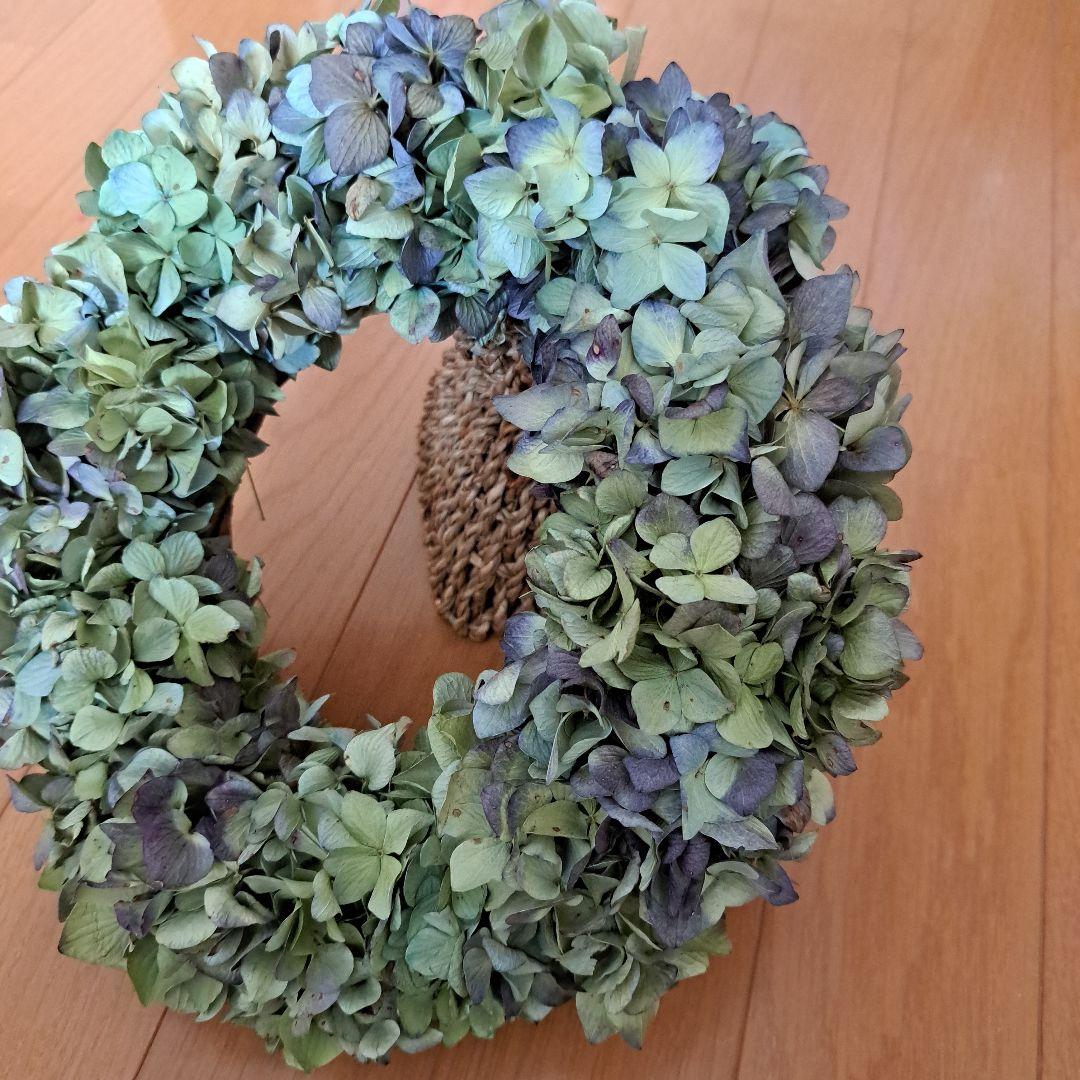ハンドメイド ドライフラワーリース 秋色アジサイ 直径24×27