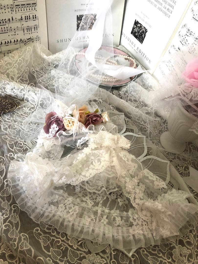 ぬい服16cm*♡純白レースロングドレス・アンティーク調ベール￼セット￼